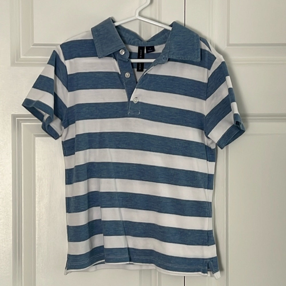 Janie and Jack Polo Sz 7 Blue White Heathered Stripe